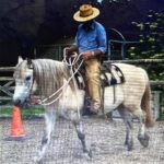 Photo of a man riding a small dappled grey pony around an outdoor arena